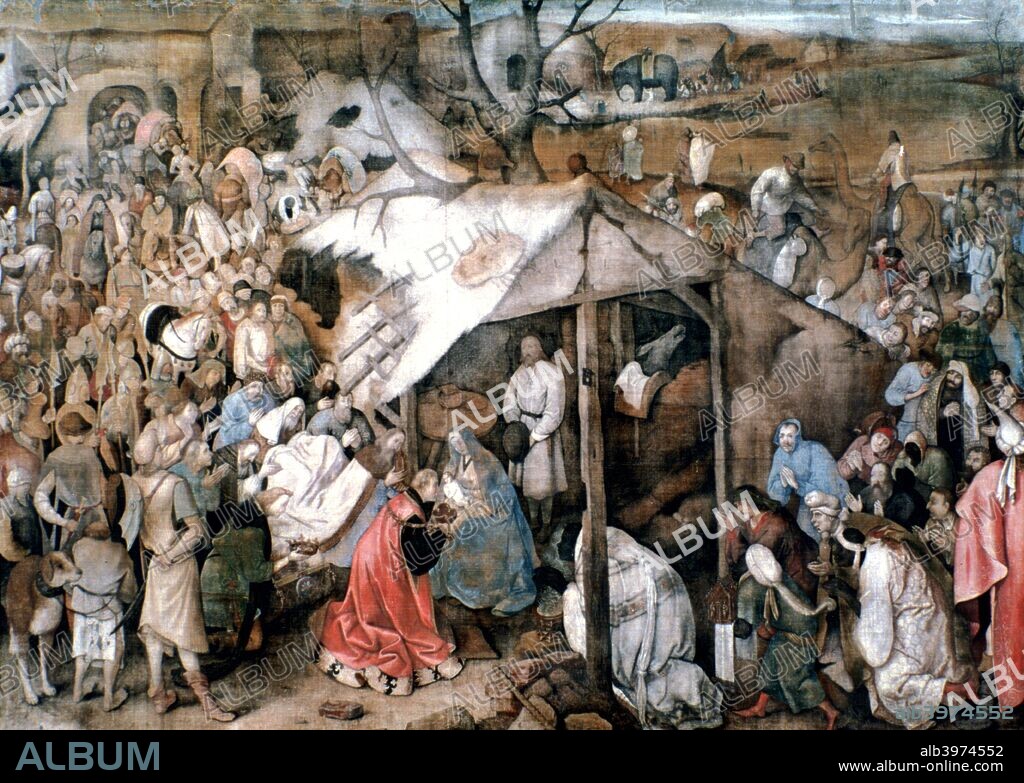 'The Adoration of the Kings', c1556-1562. The Adoration of Three Kings presenting their gifts are treated as caricatures whilst the Virgin is not idealised. From the collection of the Musees Royaux des Beaux Arts de Belgique, Brussels, Belgium.