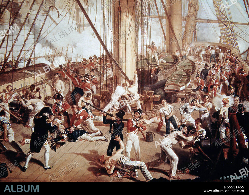DENIS DIGHTON. NELSON , HORACIO. ALMIRANTE BRITANICO . 1758 - 1805. MUERTE DEL ALMIRANTE NELSON POR LOS FUSILEROS DEL REDOUTABLE , EN LA BATALLA DE TRAFALGAR.. OLEO DE DENIS .DIGHTON ( DETALLE ). MUSEO MARITIMO NACIONAL DE LONDRES.