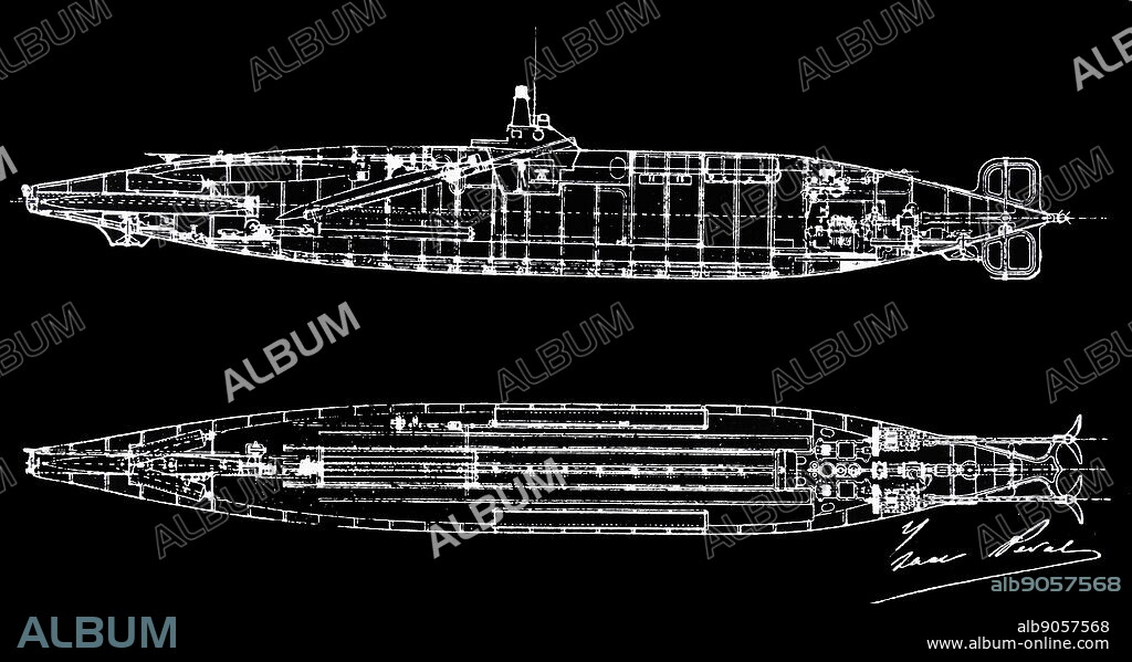 Plans for a submarine designed by Isaac Peral (1851-1895) a Spanish engineer, naval officer, and designer of the Peral Submarine. Dated 19th Century.