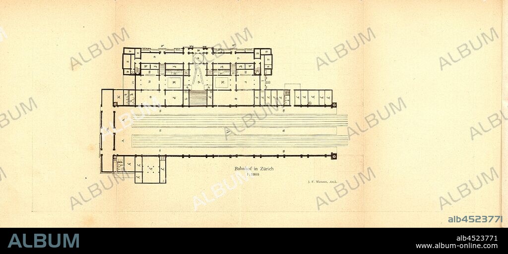 Railway station in Zurich, Floor plan of the main station Zurich 1: 1000, to p. 108, Schweizerischer Ingenieur und Architekten-Verein: Zürich's Gebäude und Sehenswürdigkeiten. Beschreibung der Stadt (...). Zürich: bei Orell Füssli & Co., 1877.