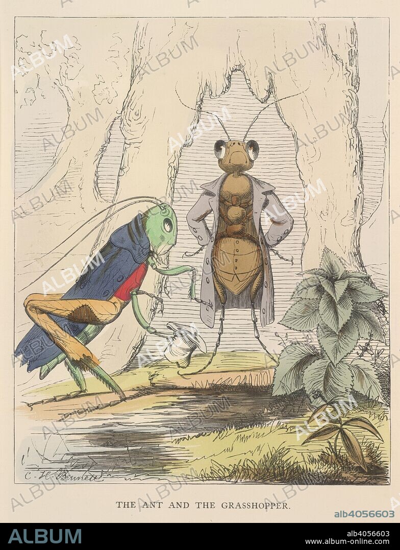 AESOP, C. H BENNETT and J SWAIN. The ant and the grasshopper. The Fables of Ã†sop and others. Translated into hum. W. Kent & Co.: London, 1857. The ant and the grasshopper.  Image taken from The Fables of Ã†sop and others. Translated into human nature, designed and drawn on the wood by Charles H. Bennett, etc.  Originally published/produced in W. Kent & Co.: London, 1857. . Source: 12305.g.11, opposite 20. Language: English.