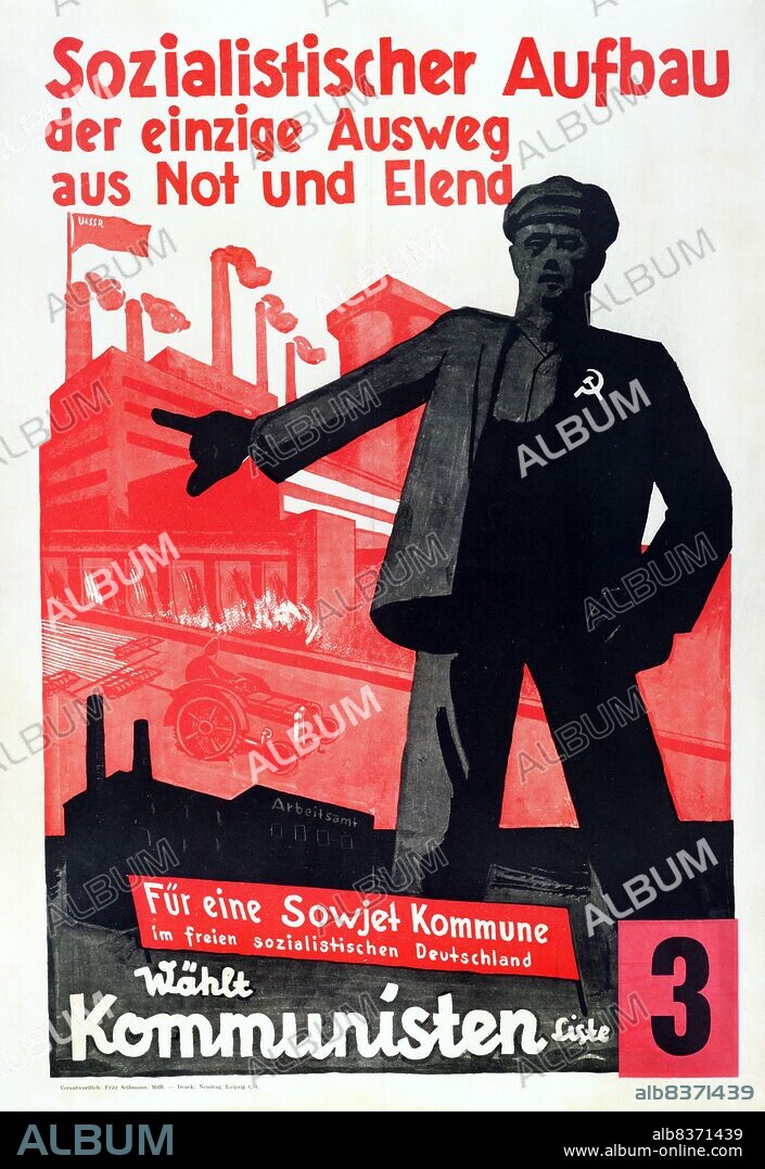 The Communist Party of Germany (German: Kommunistische Partei Deutschlands, KPD) was a major political party in Germany between 1918 and 1933, and a minor party in West Germany in the postwar period until it was banned in 1956. In the 1920s it was called the 'Spartacists', since it was formed from the Spartacus League.<br/><br/>. The poster art of the KPD differs from and in some ways predates Soviet-style Socialist Realism, exhibiting more expressionist and constructivist influences in its simplicity.
