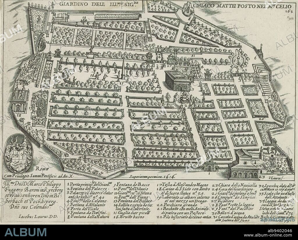 Gardens of the Villa Celimontana (Villa Mattei) on Monte Celio in Rome, Giardino dell Illustrissimo Signore Ciriaco Mattei Posto nel Monte Celio (title on object), Antique monuments (series title), Antiquae Urbis Splendor (series title), In the lower margin a list of explanatory numbers. Numbered upper right: 163. The print is part of an album., print maker: Giacomo Lauro, printer: Giacomo Mascardi, Paulus V, (mentioned on object), print maker: Italy, printer: Rome, Vaticaanstad, in or after 1637, paper, etching, height 180 mm × width 234 mm.