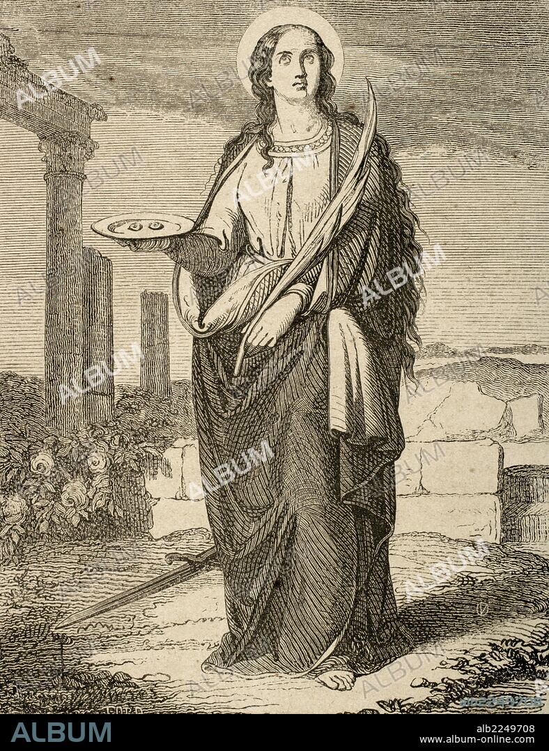 SANTA LUCIA DE SIRACUSA (283-304). Mártir de la Iglesia Católica. Sus atributos son, espada, rama y ojos en un platón. Grabado de Tord. "Año Cristiano", 1853.