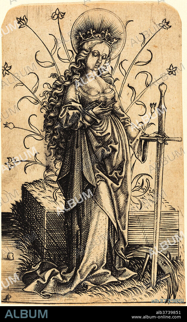 MASTER PW OF COLOGNE. Saint Catherine. Dated: c. 1500. Dimensions: sheet (cut within platemark): 10.5 x 65 cm (4 1/8 x 25 9/16 in.). Medium: engraving on laid paper.