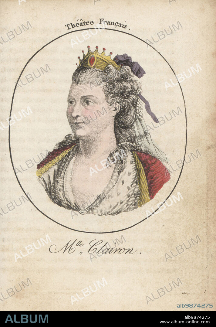 Clair Josèphe Hippolyte Leris or Mademoiselle Clairon or La Clairon, French actress, 1723-1803. Mlle Clairon. Theatre Francais. Handcoloured stipple engraving after Jacques Grasset Saint-Sauveur from Acteurs et Actrices Celebres, Famous Actors and Actresses, Chez Latour Libraire, Paris, 1808.