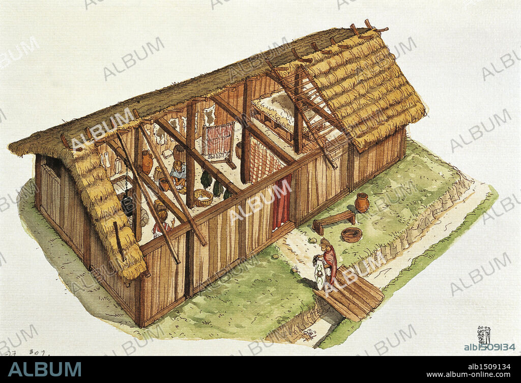 Barbarian populations. Germanic Alemannian and Goth dwelling. 3rd century. Color illustration.