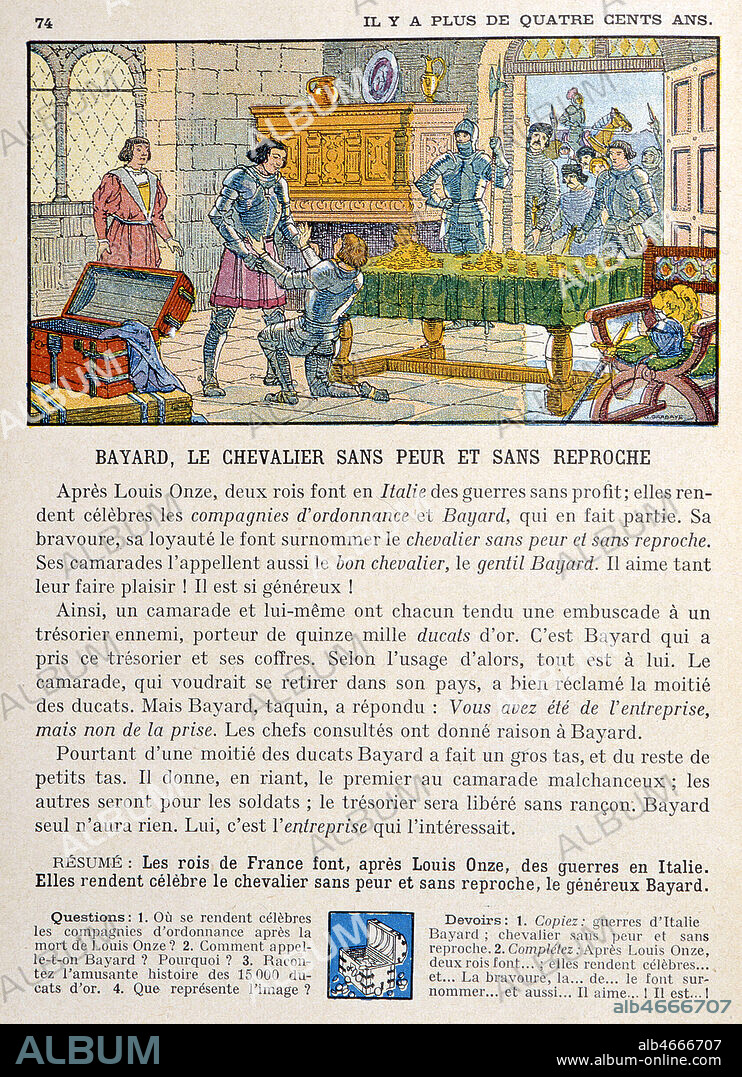 Le chevalier BAYARD (1476-1524) sans peur et sans reproche. Illustration de 1937 par G. GARBAYE pour Histoire de France par P. CONNARD et P. VALEYRE. Credit : Coll. Jonas/KHARBINE-TAPABOR.