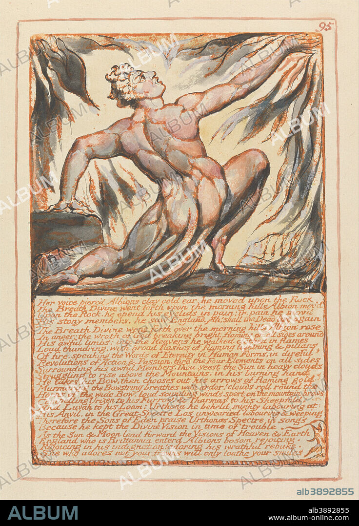 WILLIAM BLAKE. Jerusalem, Plate 95, "Her voice pierc'd Albions clay cold ear....". Date/Period: 1804 to 1820. Print. Orange print, pen, black ink and watercolor on cream-colored paper (Relief etching printed in orange with pen and black ink and watercolor on moderately thick, smooth, cream wove paper). Height: 200 mm (7.87 in); Width: 140 mm (5.51 in).