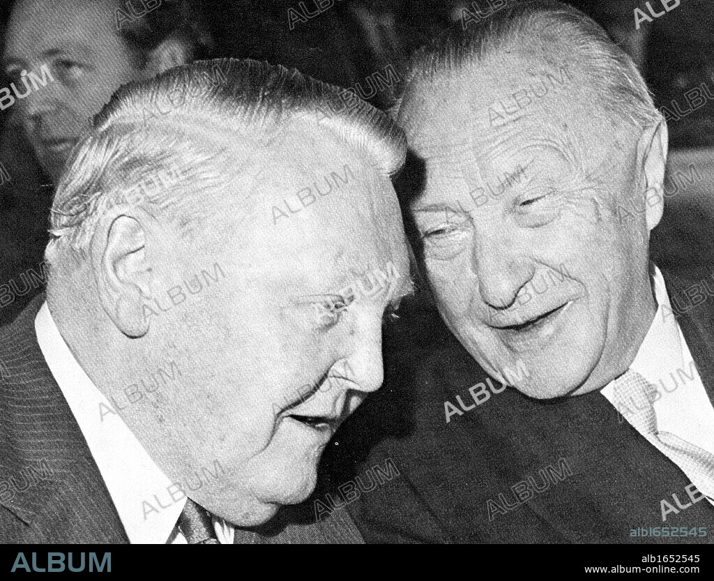 Ludwig Erhard (1897-1977), economist and politician, left, with Konrad Adenauer (1876-1967), statesman, at Bad Godesberg, 25 October 1960.