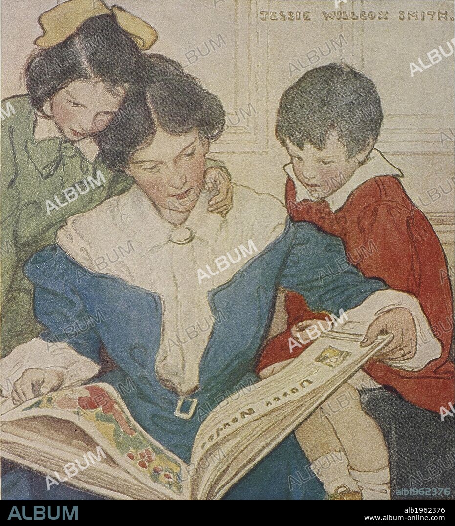 JESSIE WILLCOX SMITH. A mother and her children reading a book. When Christmas Comes Around. Chatto & Windus: London, 1915. Source: 1874.f.17, opposite 10. Language: English.