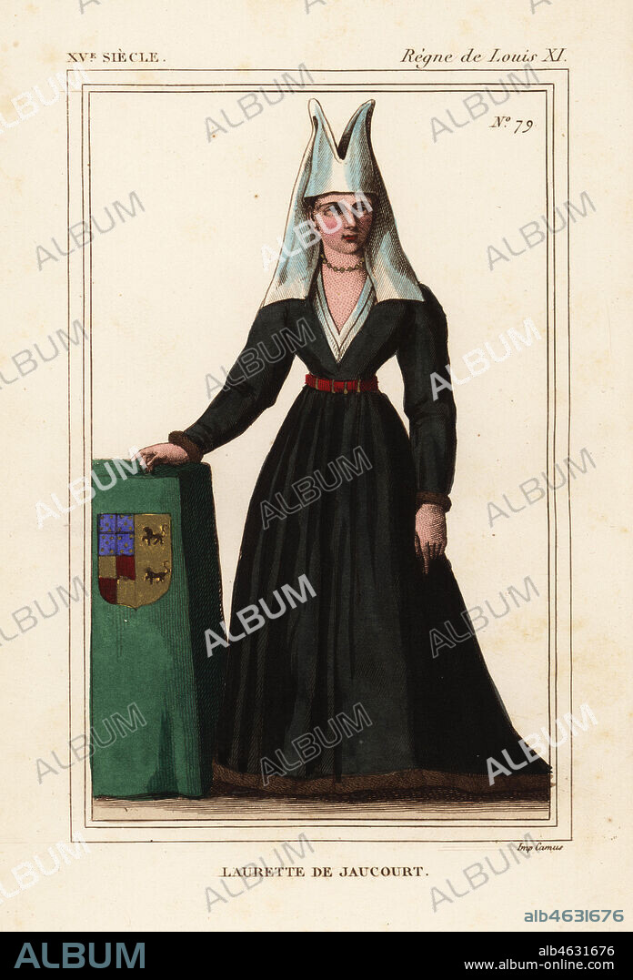 Lauretta of Jaucourt, wife of Michael of Chaugy, Lord of Chissey, Laurette de Jaucourt, Handcoloured lithograph after a miniature in Roger de Gaignieres' portfolio VII 49 from Le Bibliophile Jacob aka Paul Lacroix's Costumes Historiques de la France (Historical Costumes of France), Administration de Librairie, Paris, 1852.