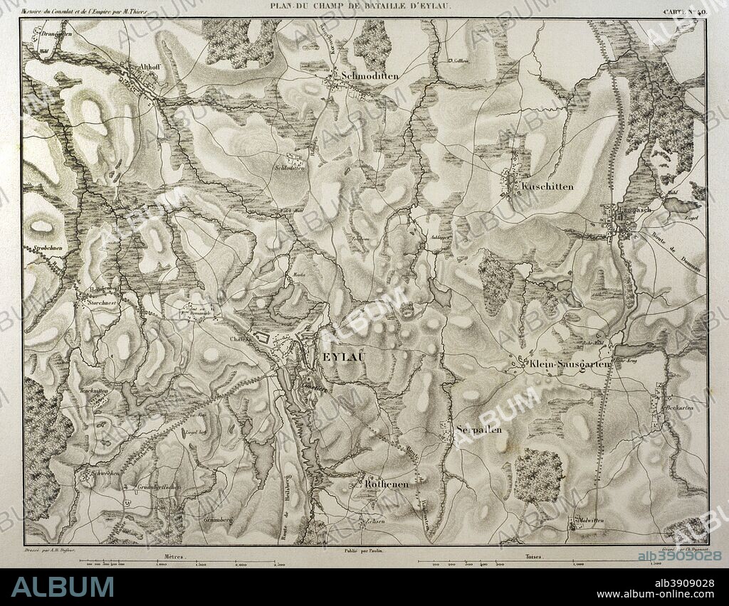 Mapa del campo de batalla de Eylau, que tuvo lugar entre el 7 y 8 de febrero de 1807 entre tropas francesas y rusas en territorio ruso, con victoria francesa. Historia del Consulado y del Imperio de Napoleón (Atlas de l'Histoire du Consulat et de l'Empire). Obra de Marie Joseph Louis Adolphe Thiers (1797-1877). Dibujos realizados por Dufour y grabados por Dyonnet. Editado en París, 1864. Biblioteca Histórico Militar de Barcelona. Cataluña, España.