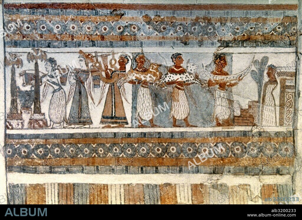 Hagia Triada Sarcophagus. Early Bronze Age. Limestone. Detail of one of the long sides, divided into three panels, depicting a female procession, a bull sacrifice accompanied by music, and a man making offerings to an altar in front of a shrine crowned with horns of consecration and a sacred tree.1400 BC. Crete. Heraklion Archaeological Museum. Greece.