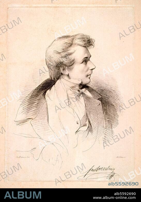 Amerling, Friedrich von Austrian portrait painter Vienna 14/4/1803 - Vienna 15/1/1887. Portrait with facsmile signature. Etching, undated, by Franz Xaver Stöber (1795-1858) after a drawing by Josef Danhauser (1805-1845). Berlin, Sammlung Archiv für Kunst und Geschichte.