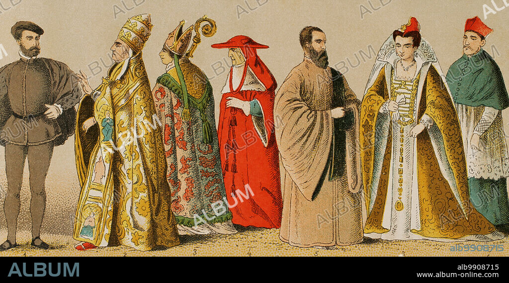 Historia de Italia. 1500. De izquierda a derecha, 1: caballero veneciano, 2: traje pontifical, 3: servidor del pontífice, 4: cardenal, 5: Procurador de San Marcos, 6: esposa del Dux, 7: cardenal. Cromolitografía. "Historia Universal", por César Cantú. Tomo VIII, 1881.