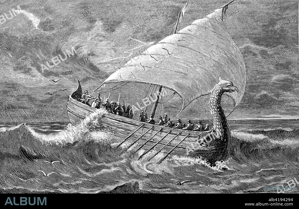 Ancient Greek merchant ship, 350 BC, woodcut from the year 1880.