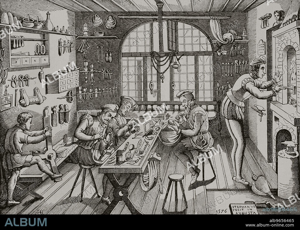 ETIENNE DELAULNE (1518-1595). FRENCH GOLDSMITH, MEDALLIST, DRAUGHTSMAN AND ENGRAVER.. Etienne Delaune, Goldsmith's Workshop. Famous goldsmith from Paris in the 16th century. Engraving and drawing made by himself in 1576. "Les Arts au Moyen Age et a l'Epoque de la Renaissance", by Paul Lacroix. Paris, 1877.