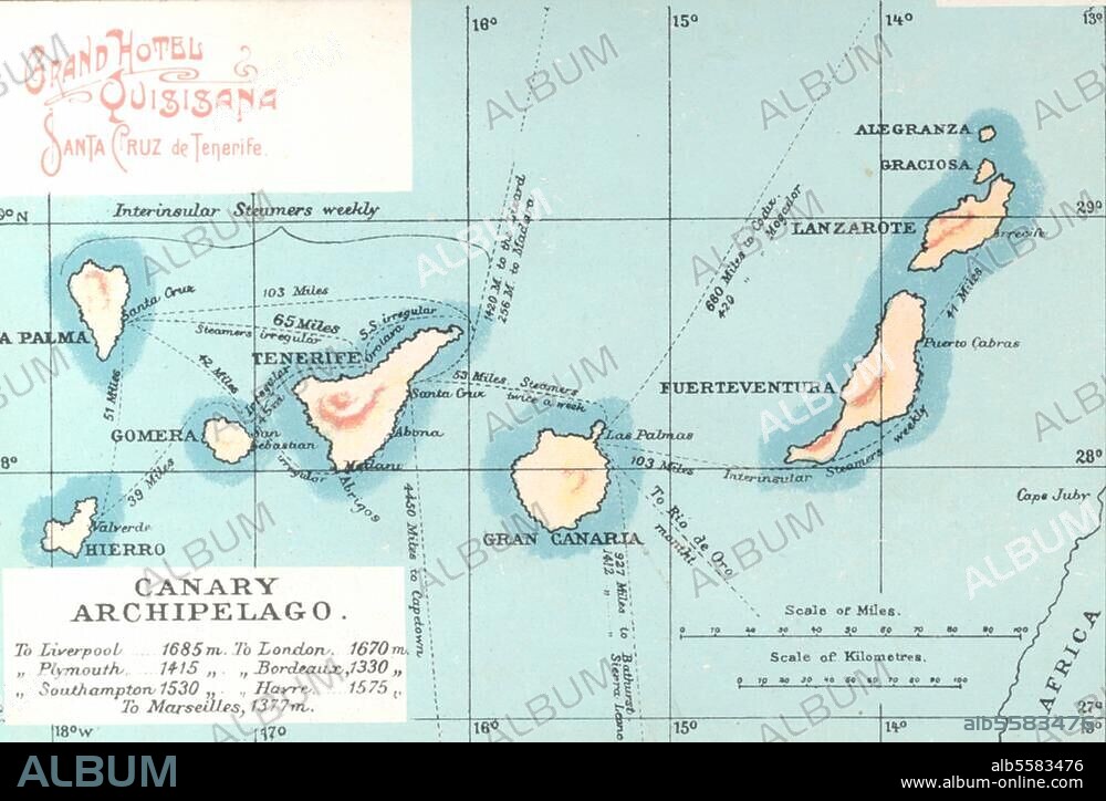 Canary Islands. (Spanish islands off the north-west coast of Africa). Map of the Canary Islands. Photo postcard, c. 1900.