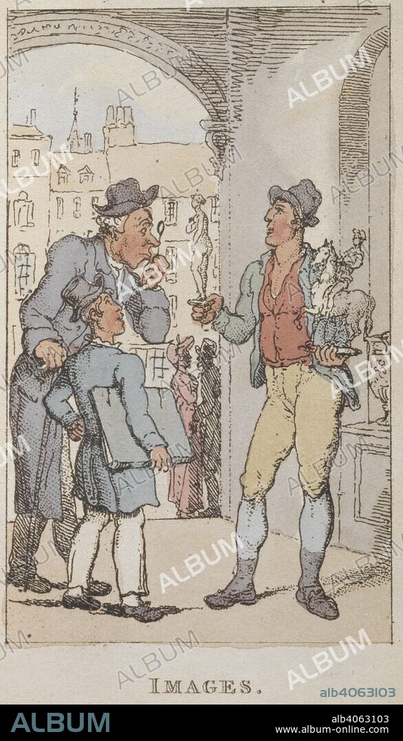 THOMAS ROWLANDSON. 'Images'. A street trader selling ornaments. Rowlandson's characteristic Sketches of the Lower Orders, intended as a companion to the New Picture of London: consisting of fifty-four plates ... coloured. London, 1820. Source: C.58.cc.1.(2).
