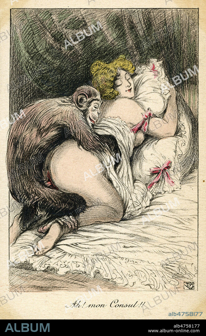 'Ah ! Mon Consul !!' : un singe penetre une femme par derriere. Illustration zoophile pour une carte postale vers 1910. Credit : Collection IM/KHARBINE-TAPABOR.