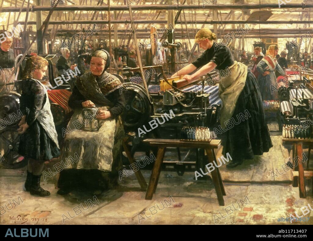 Fabrica de tejidos (Weaving Mill) de Wilhelm Peters (ca. 1887-1888). Pintor noruego que participó en el avance moderno de la pintura nórdica.