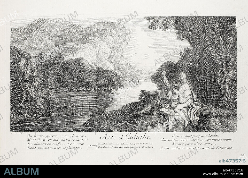 Acis et Galathee (ou Galatee) . Gravure d'apres des tableaux de Antoine WATTEAU (1684-1721) 17eme 18eme siecle. Credit MIGNY/KHARBINE TAPABOR.