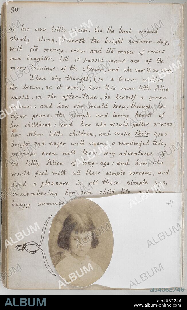 CHARLES LUTWIDGE DODGSON and DODGSON, CHARLES LUTWIDGE, PSEUD. LEWIS CARROLL. Photograph of Alice Liddell. Alice's Adventures Under Ground [in Wonderland]. England [Oxford]; 1862-1864. (Whole folio) Head-and-shoulders photograph of Alice Liddell at the age of seven, taken in 1859, inserted at the end of the manuscript  Image taken from Alice's Adventures Under Ground [in Wonderland].  Originally published/produced in England [Oxford]; 1862-1864. . Source: Add. 46700, f.47.