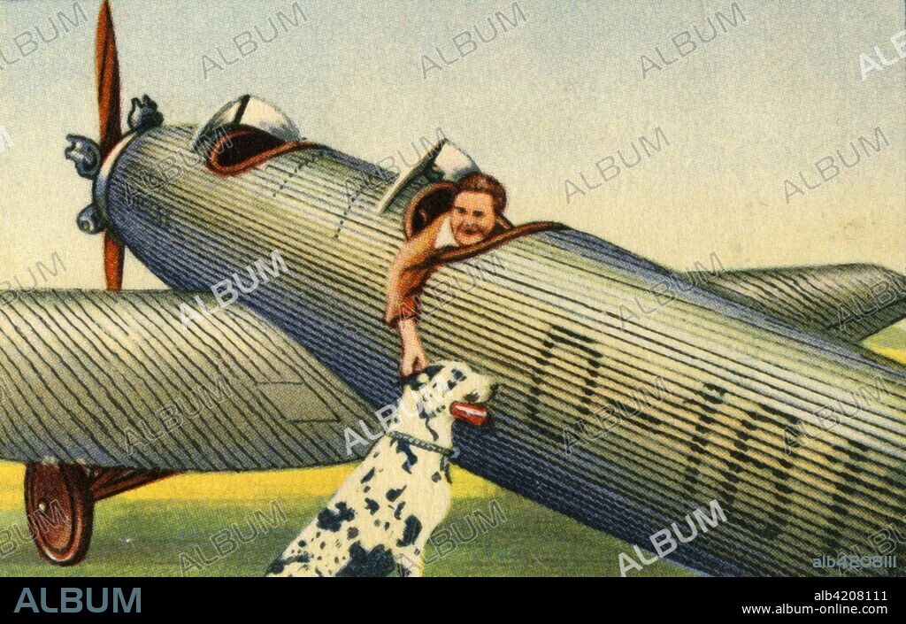 Marga von Etzdorf with her plane, 1932. German aircraft pilot Margarete von Etzdorf (1907-1933) was the first woman to fly an aircraft professionally, and the first woman to fly solo across Siberia, from Germany to Tokyo, Japan. She was also the first foreigner to enter Japan at Haneda Airport. From "Die Eroberung Der Luft", (The Conquest of the Air), cigarette card album produced by the Garbáty cigarette factory, 1932. Eugene and Moritz Garbáty, who were Jewish, were driven out of business by the Nazis in the late 1930s, and forced to sell their factory which lay empty for over 70 years. [Garbaty Cigarettenfabrik, Berlin-Pankow, 1932].