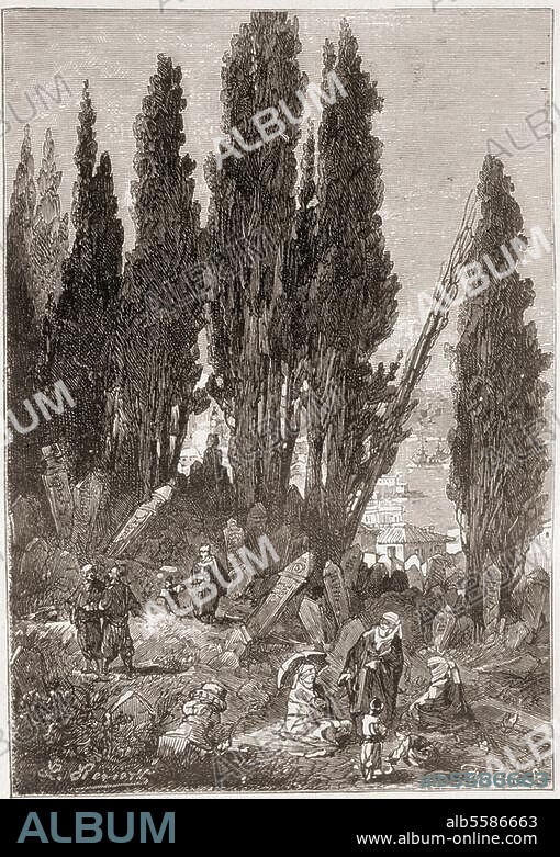 Verne, Jules; frz. Schriftst.; 1828-1905. Werke: Keraban der Starrkopf (Kérabanle-Têtu, Roman, 2 Bde., 1883). Bd. 2, Kap. XV "Où l'on verra le seigneur Keraban (...): Der Freidhof im Stadtteil Scutari in Istanbul. Holzstich nach Zeichnung von L.Benett. Aus den "Voyages Extraordinaires", Paris (Coll. Hetzel).
