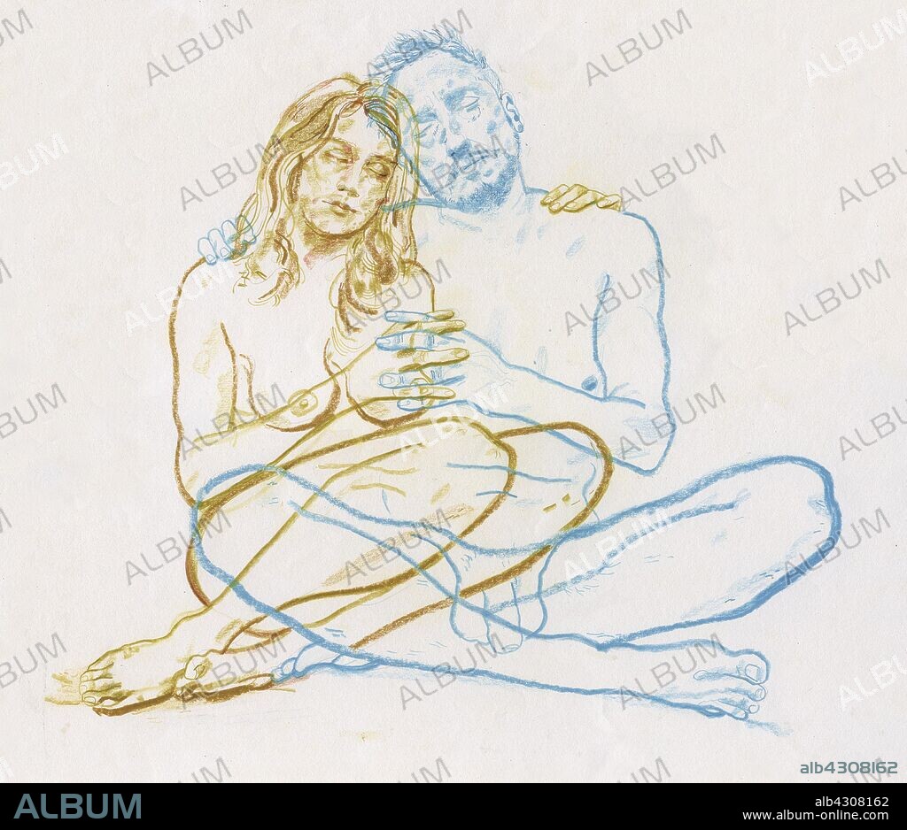 Overlapping drawing of naked couple embracing.