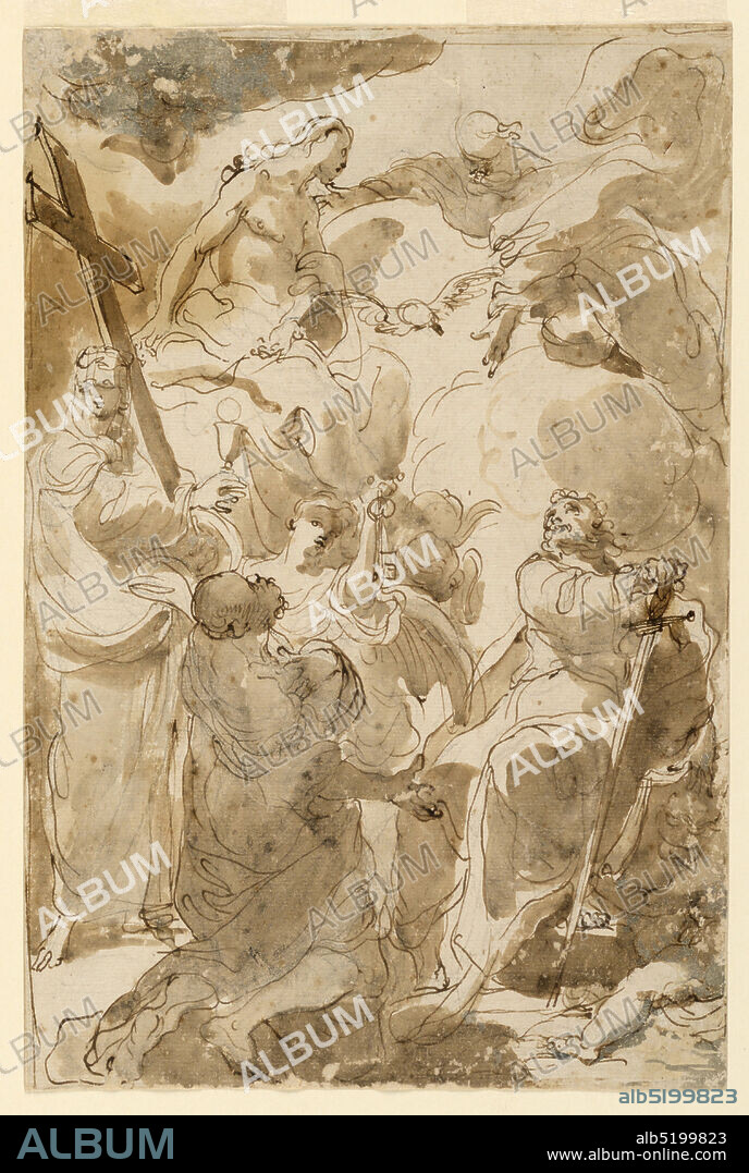 The Trinity and the Apostles, St. Peter and St. Paul, Gaetano Gandolfi, Italian, 17341802, Black chalk, pen and ink, brush and bistre wash on paper, Sketch of the kneeling St. Peter revering St. Paul standing and leaning upon his sword with left hand upon a book which a seated child holds, as he looks up to the Trinity appearing upon clouds. An angel stands behind St. Peter and raises the keys with his left hand. At left stands Faith or Religion, a woman with the Cross and with chalice and the Host., Bologna, Italy, 177080, figures, Drawing, Drawing.