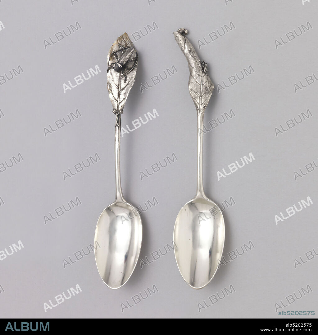 Dessert spoon, Charles Victor Gibert, French, Silver, Handle in the form of a beetle and caterpillar on opposite sides of a curled leaf., ca. 1890, cutlery, Decorative Arts, Dessert spoon.