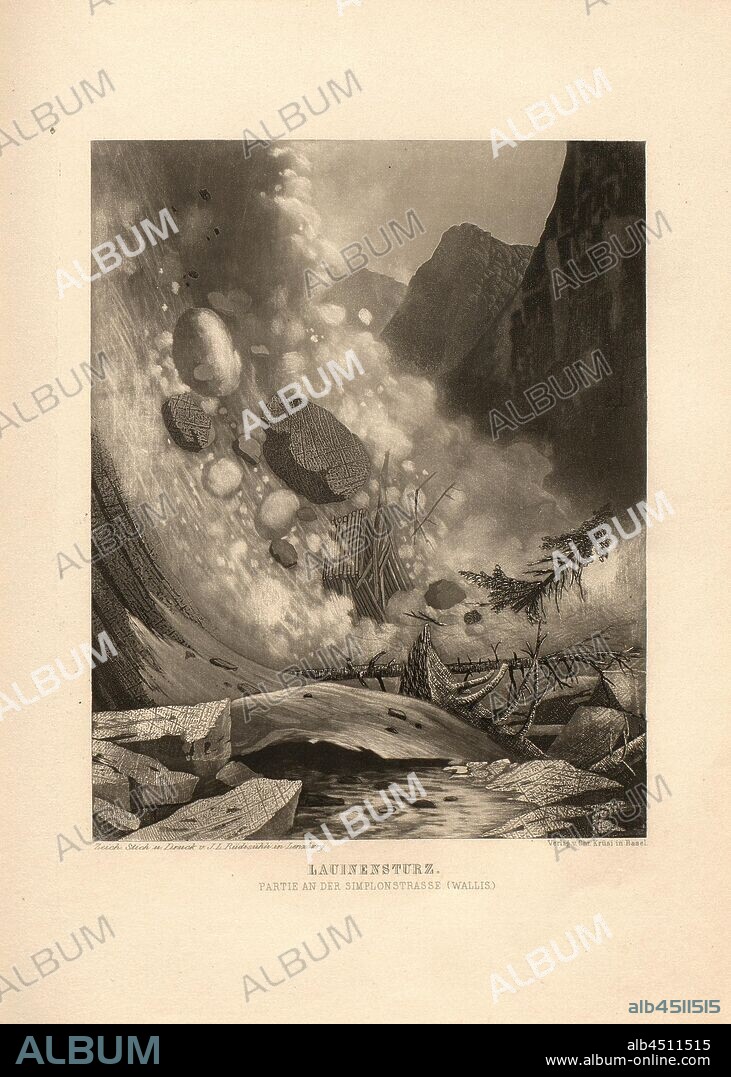 Lauinensturz. Partie an der Simplonstrasse (Wallis), Avalanche fall with scree on Simplonstrasse, after S. 227, S. 215, Rüdisühli, J. L. (del., sc. et imp.), 1870, Eduard Osenbrüggen: Das Hochgebirge der Schweiz: Prachtwerk mit 52 der interessantesten Ansichten aus dem Alpen-, Gletscher- und Felsengebiete. Basel: Krüsi, [18--].