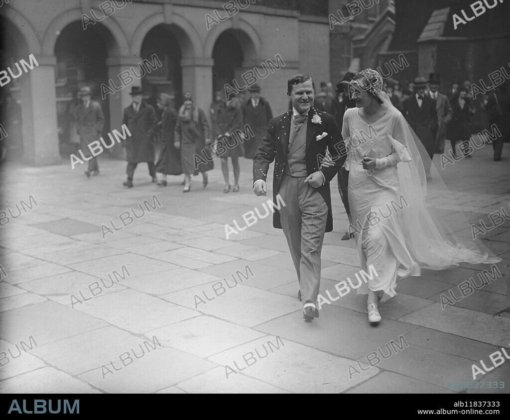 A wedding in the temple . The marriage between Mr Harold Heathcote Williams , of 3 , Hare Court , Temple , and of Abbotsfield , Chester , and Miss Mary Jean Blane Robinson , twin daughter of Major C D Robinson , M C , the North Staffordshire Regiment ( retired ) of Ceres , Cape Province , took place in the Temple Church . The bridegroom is one of the youngest barristers of today and he has contested South Poplar three times in the Liberal interest . The bride and bridegroom walking from the church through the temple on their way after the wedding . 17 April 1930.