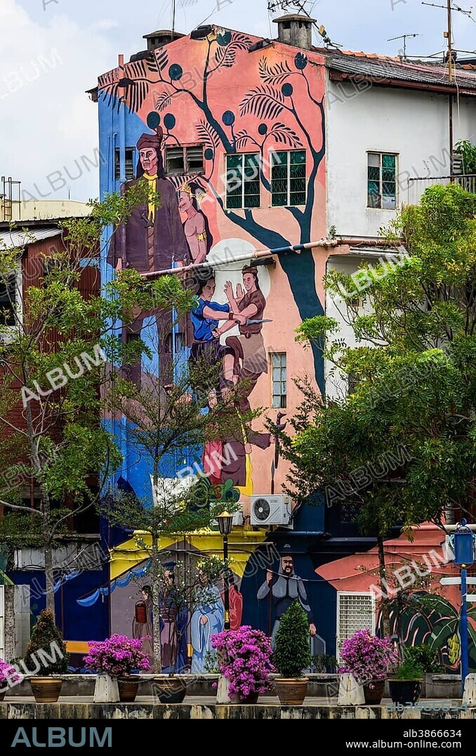Brightly painted house wall, district Kampung Bakar Batu, Malacca or Melaka, Malaysia, Asia.