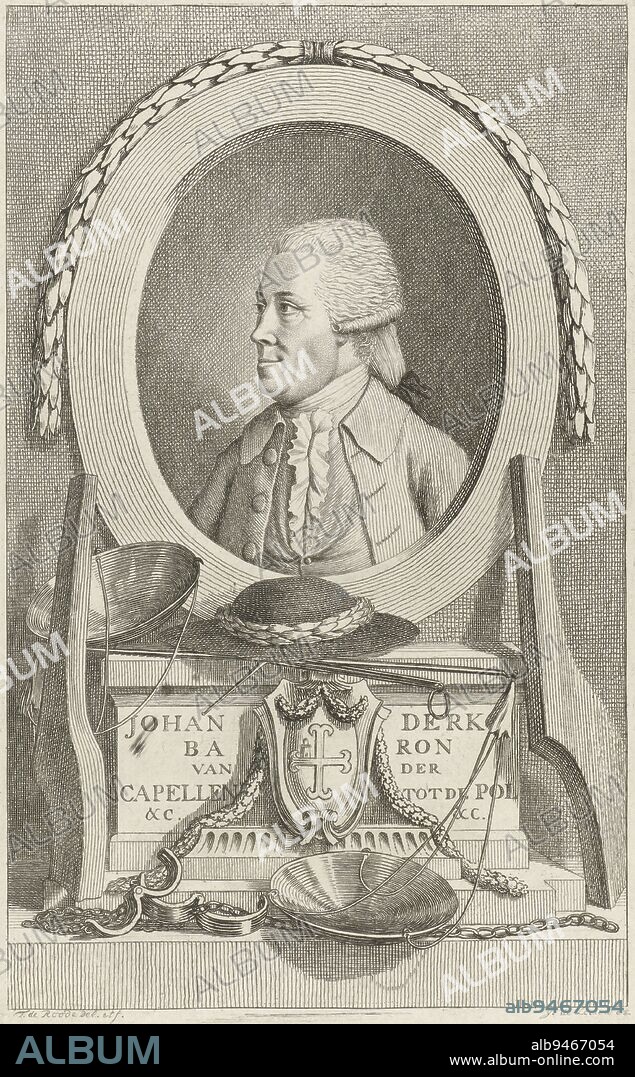 Portrait of Joan Derk, baron van der Capellen tot den Pol. He played an important role in the patriot movement and in 1781 wrote the anonymously published pamphlet 'To the People of the Netherlands' (1781). Beneath his portrait scales, shackles and the liberty hat, Portrait of Joan Derk van der Capellen tot den Pol, print maker: Theodorus de Roode, (mentioned on object), publisher: Jan de Leeuw (uitgever), (mentioned on object), Netherlands, 1774 - c. 1797, paper, etching, engraving, h 186 mm × w 115 mm.