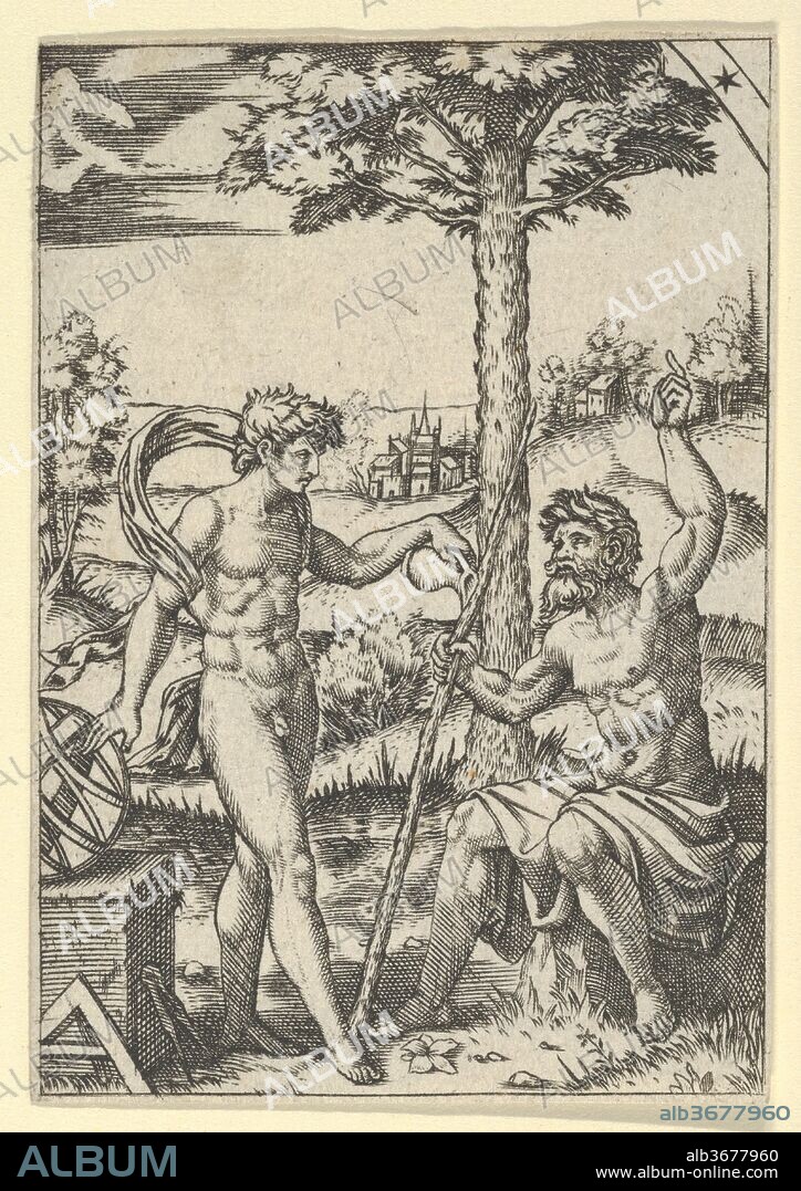 ANONYME. Seated old shepard gesturing towards the sky and speaking to nude male surrounded by tools of measurement. Artist: After Raphael (Raffaello Sanzio or Santi) (Italian, Urbino 1483-1520 Rome); Anonymous. Dimensions: Sheet: 2 7/8 in. × 2 in. (7.3 × 5.1 cm). Date: ca. 1500-1600.