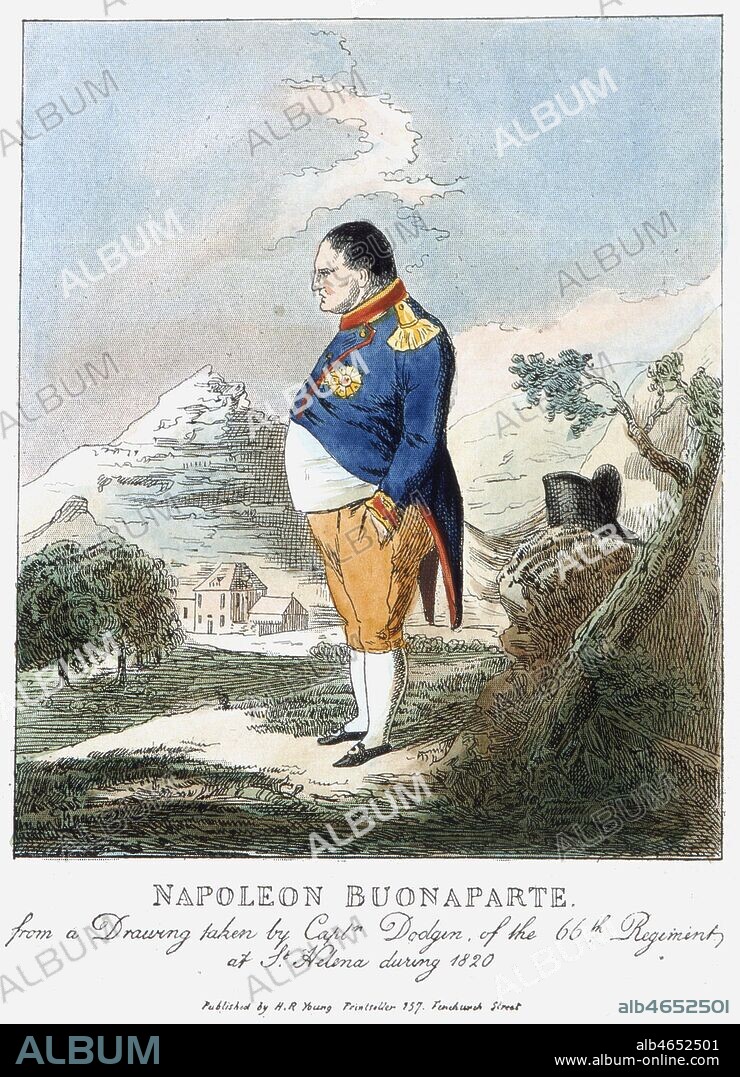 ' Napoleon Bonaparte, d'apres une gravure du capitaine Dodgin, du 66e regiment, prise a Sainte-Helene durant l'annee 1820.' Caricatures anglaises reunies dans l'ouvrage de John GRAND-CARTERET (1850-1937), 'Napoleon en Images' en 1895. Credit : Collection Kharbine-Tapabor.