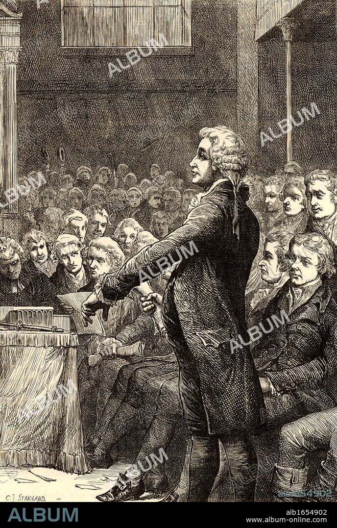 Edmund Burke (1729 - 1797) Anglo - Irish orator, political philosopher and writer, member of the Whig political party. Burke supporting William Wilberforce's motion for the abolition of slavery in the House of Commons, 9 May 1788. engraving from "Heroes of Britain in Peace and War" by Edwin Hodder (London, c1880).