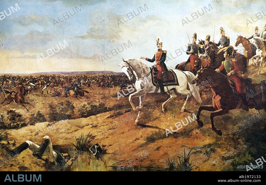 Simon Bolivar heading his army at the Battle of Junin, August 5, 1824. Peruvian War of Independence, Peru, 19th century.