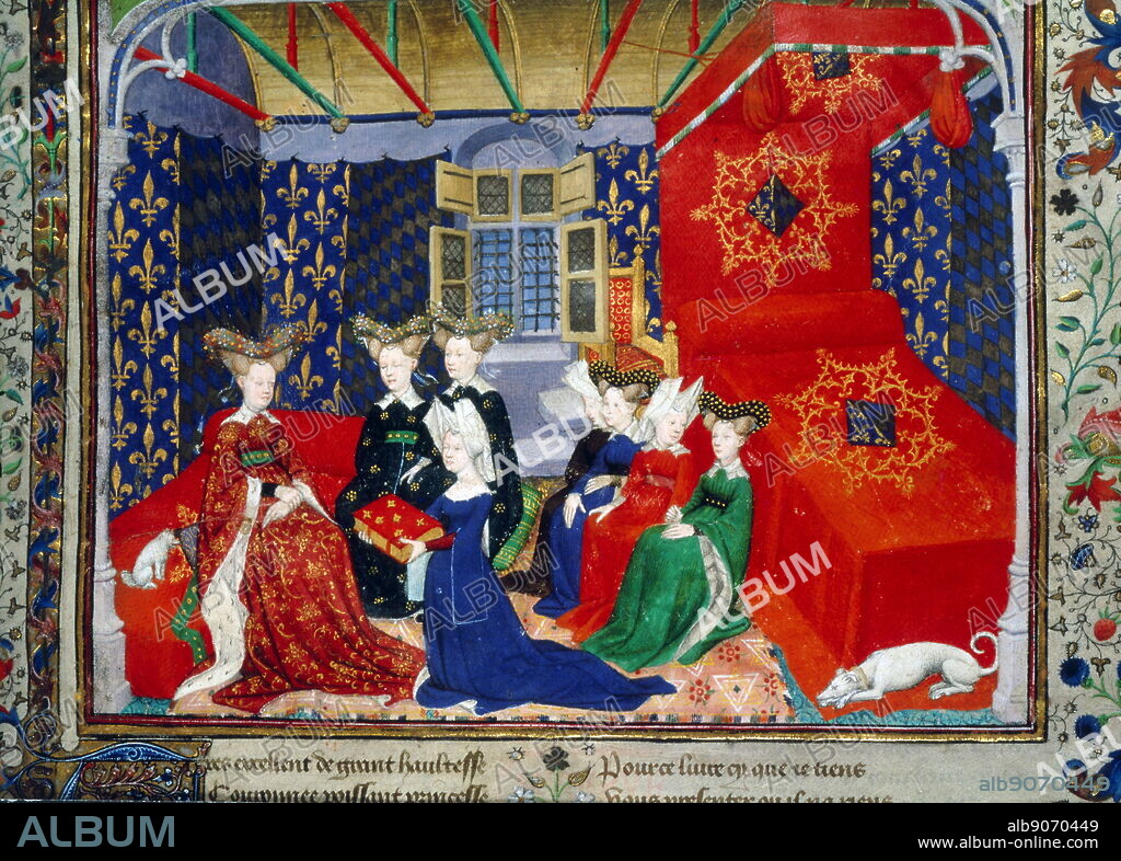 miniature painted by the Master of the Cite des Dames. Shows Christine de Pisan presenting her book to queen Isabeau of Bavaria. Illuminated miniature from The Book of the Queen (various works by Christine de Pizan), BL Harley 4431. circa 1410 - 1414.