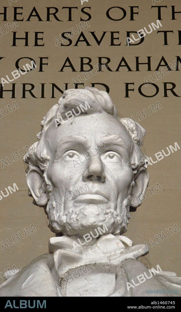 Abraham Lincoln (1809-1865). American politician. Elected president in 1860. Monumental statue (1920) by Daniel Chester French. Detail. Lincoln Memorial. Washington D.C. United States.