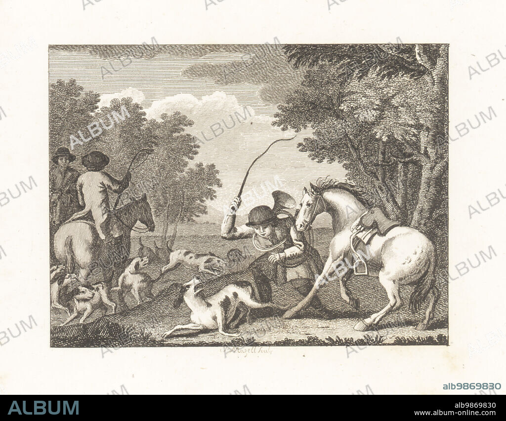 The Hound and the Huntsman. A huntsman with horn, dismounts his horse and thrashes a young fox hound Ringwood for barking. Copperplate engraving by Peter Mazell after an illustration by John Wootton from Fables by John Gay, with a Life of the Author, John Stockdale, London, 1793.