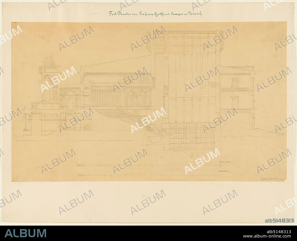 Gottfried Semper, preliminary design for the Richard-Wagner-Festspielhaus, Munich. Longitudinal section, tracing paper, drawing, sheet size: height: 35 cm; width: 60,3 cm, signed: recto: in lead: Gottfried Semper, inscribed: recto on the cardboard: in ink: Mon. [added in lead] Festival Theater of Professor Gottfried Semper in Zurich, in lead: 8, F, design drawings, cut through an architecture, opera house, architecture, architectural drawing or model.