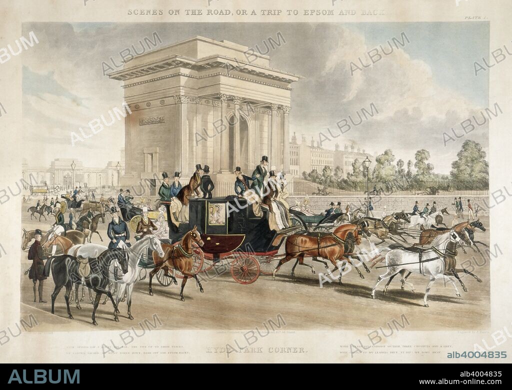 Horse drawn carriages along Hyde Park Corner, London, 1838. Various horse drawn carriages, coaches and men on horseback set off for a day at the races in Epsom. Wellington Arch is behind them, and one of the gates into Hyd Park is on the left. The small verse at the bottom describes them preparing for the journey.