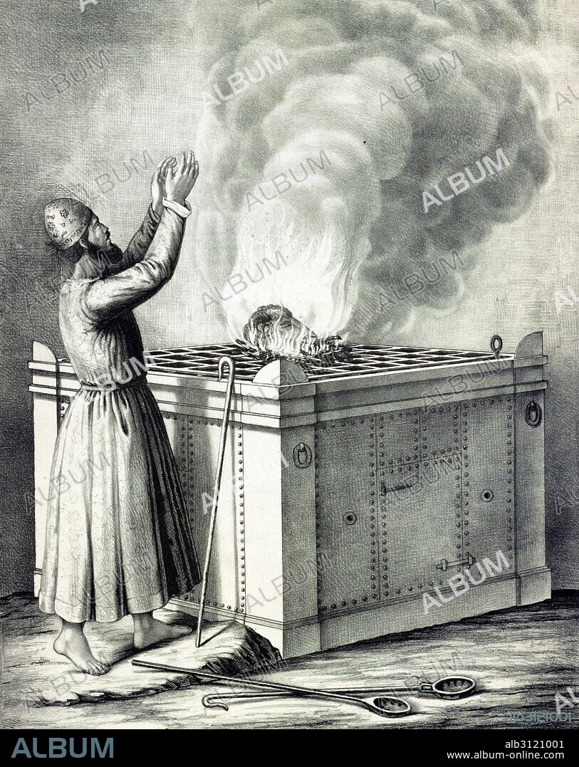 Altar of burnt offering. Print shows a priest standing before a large altar with a grill on top, on which a ram's head is being consumed by flames.