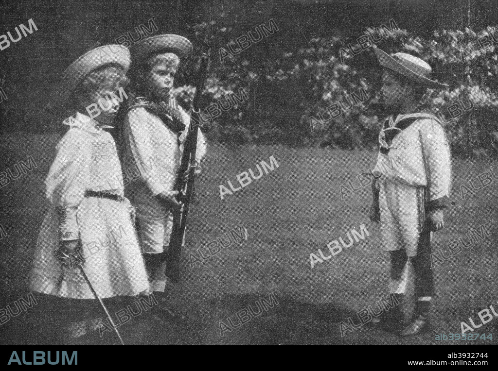 'Prince Bertie of York drilling his brother and sister', 1900. From Black & White Budget, Vol. III. [The Black and White Publishing Company, J P. Monckton, Leeds, Manchester, Glasgow, Edinburgh, London, 1900].