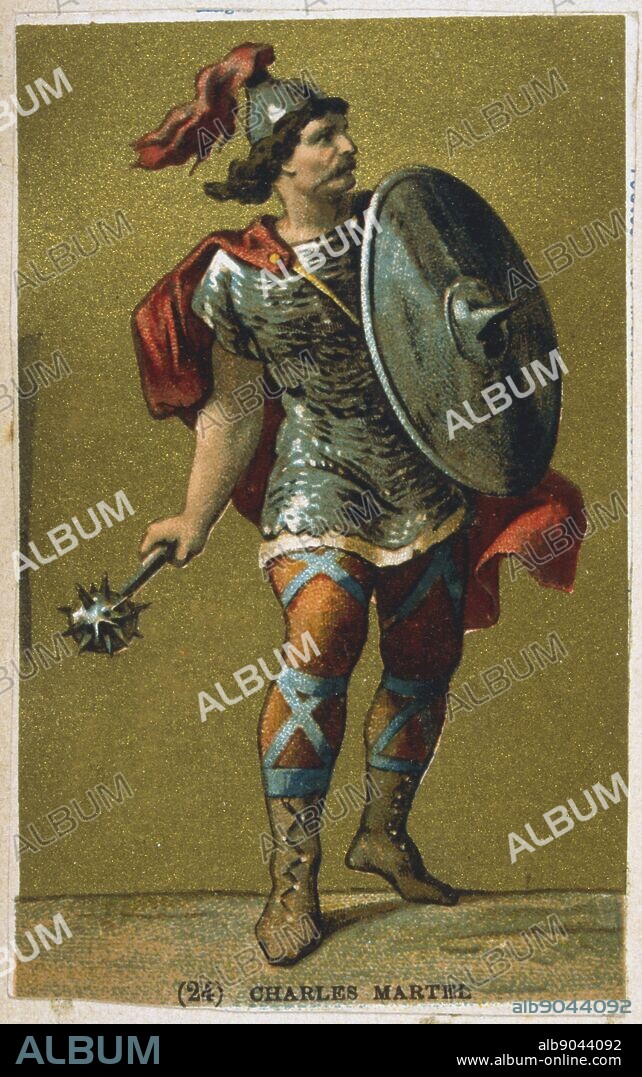Charles Martel (c688-741) 'The Hammer'. Frankish king, grandfather of Charlemagne and founder of the Carolingian dynasty. Defeated Moors at battle of Tours, near Poitiers 732. 19th century chromolithograph.
