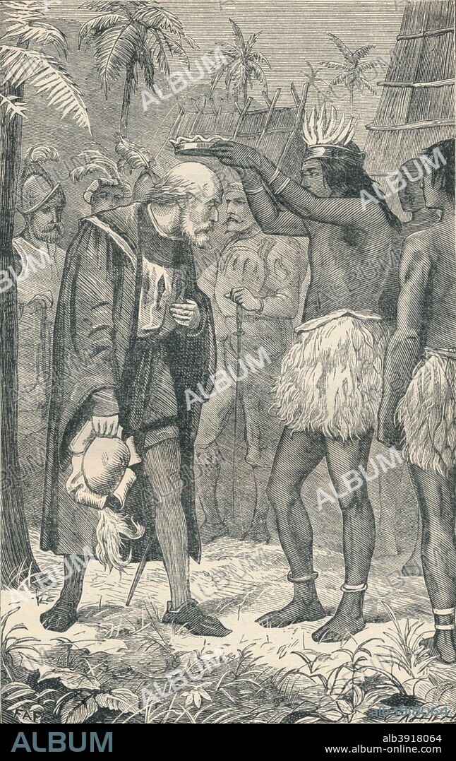 A chief, probably Guacanagaríx, placing a crown on the head of Christopher Columbus (c1451-1506). Guacanagaríx was one of the five caciques of Hispaniola. He was the chief of the cacicazgo of Marién, which occupied northwest of the island. Guacanagaríx received Christopher Columbus after the Santa María was wrecked during his first voyage to the New World. From Notabel Voyagers: from Columbus to Nansen by William H. G. Kingston and Henry Frith, published 1904 by George Routledge and Sons, Ltd.
